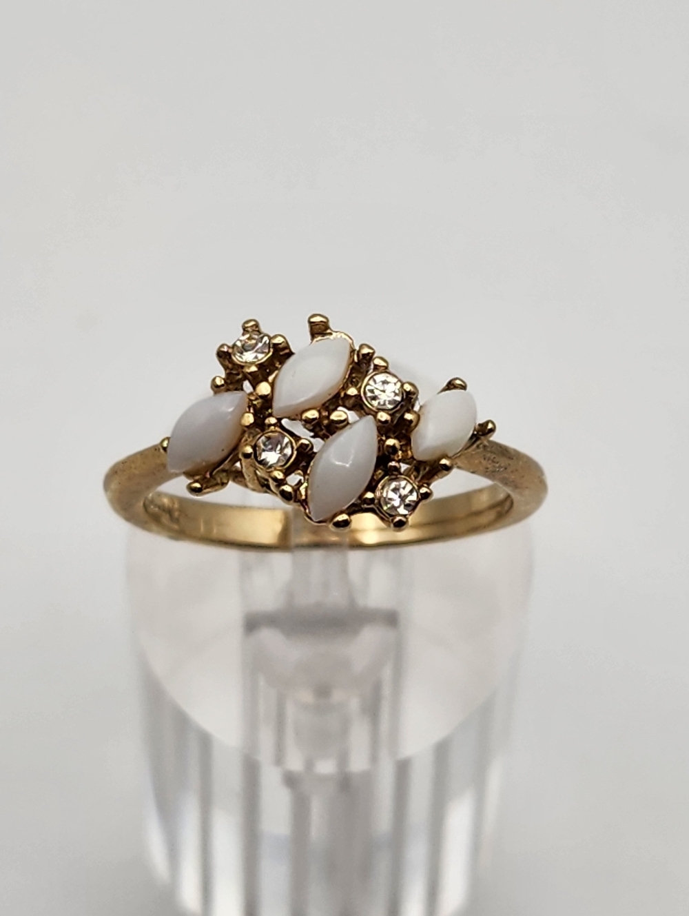 Vintage Uncas Gold Tone White Faux Opal & Rhinestone Cocktail Ring (10.5)